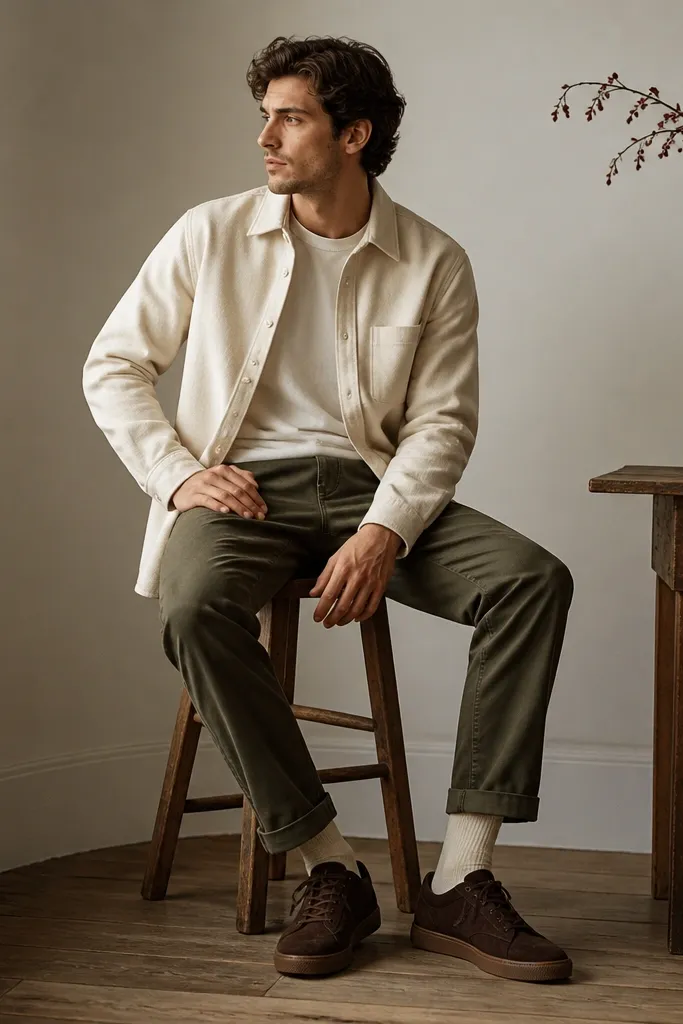 Walnut brown suede sneakers with a deeper brown tone, pictured with a cream flannel shirt layered over a tee. Dark olive chinos are cuffed slightly at the ankle, and cream socks peek above the shoe.
