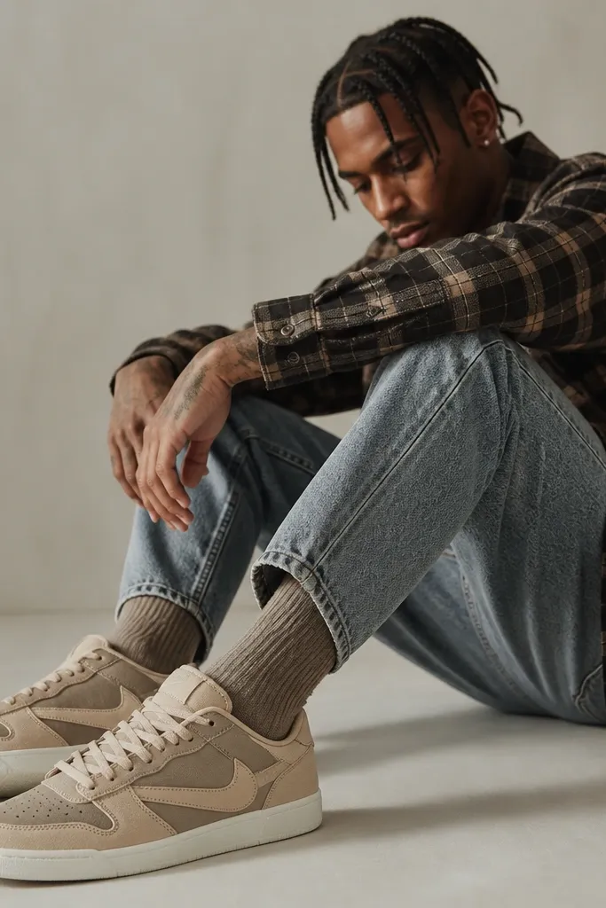Tan-brown canvas Travis Scott-style sneakers shown with a black-and-brown plaid overshirt and stone-wash jeans. The shoes have a lighter upper and off-white outsole, and the socks match the tan tone.