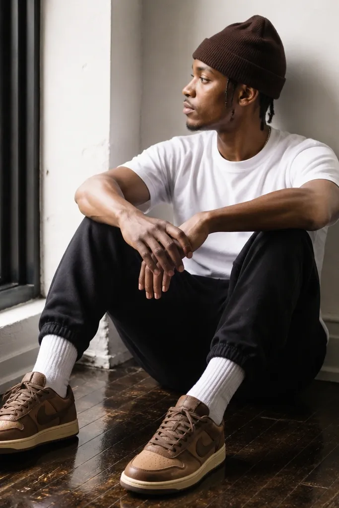 Cinnamon brown leather Travis Scott-style sneakers photographed indoors near a window. The outfit includes a white crew tee, dark brown knit beanie, and black joggers. The shoe leather has a noticeable warm sheen.