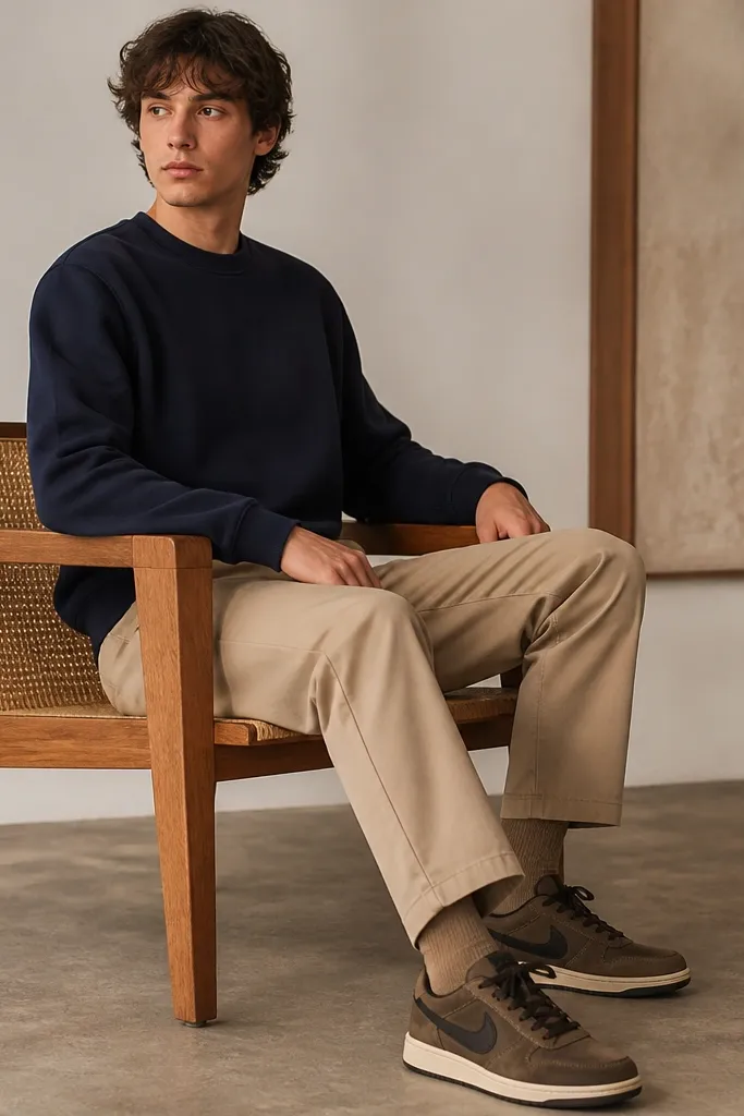 Mocha brown suede Travis Scott-style sneakers shown with a navy sweatshirt and light khaki chinos. The suede looks evenly textured, and the socks are khaki-brown.