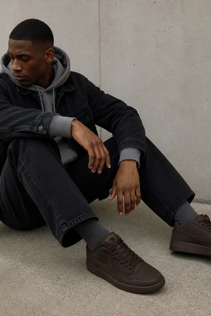 Deep chocolate brown Travis Scott-style sneakers with a matte finish shown with a gray hoodie and a black denim jacket. The socks are dark gray, and the jeans are dark wash with a straight leg.