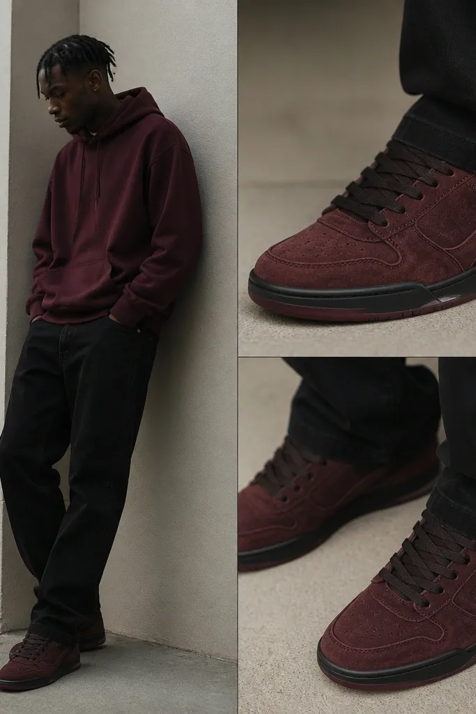 Oxblood brown Travis Scott-style sneakers with a wine-leaning brown suede shown with a burgundy hoodie and black jeans. The shoe has a deep red-brown tone and a slightly glossy outsole.