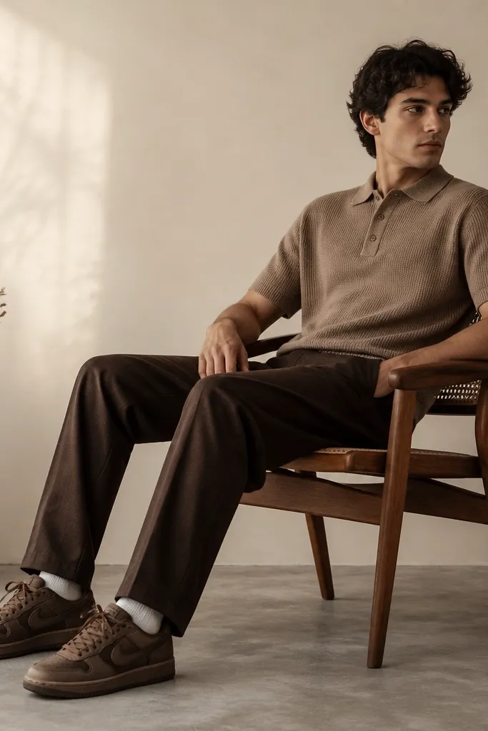 Tobacco brown leather Travis Scott-style sneakers shown with a tan knit polo and dark brown chinos. The polo has a soft texture, and the shoes have a smooth leather upper with tonal laces.