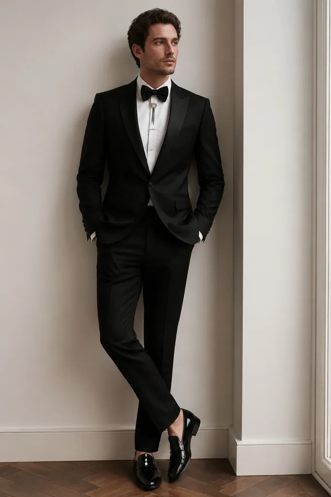 A man wearing a black slim tuxedo jacket with satin peak lapels, a black bow tie, and a white shirt. He has a long black satin tie bar and a small cat-eye style accessory at the collar. The pants are black tailored trousers. The shoes are black patent loafers.