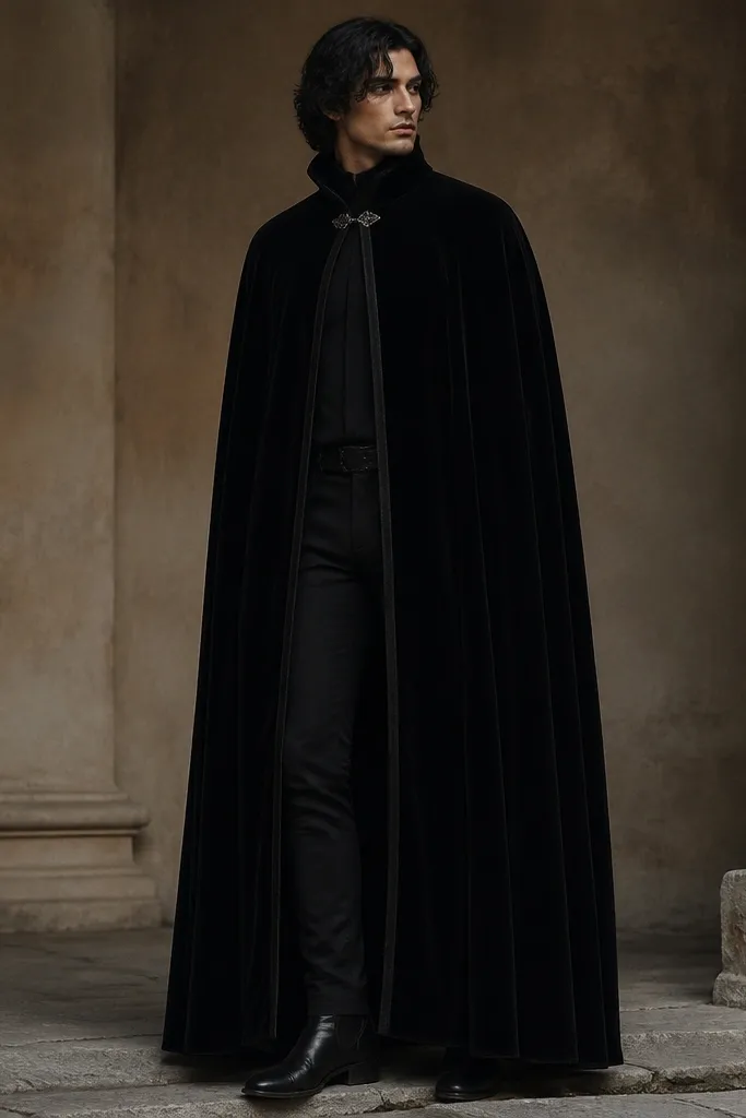 A person in a black long-sleeve shirt under a black velvet cloak with subtle panel seams. The cloak has a high collar and a thin silver clasp at the neck. They wear black fitted pants and black ankle boots with a slight heel.
