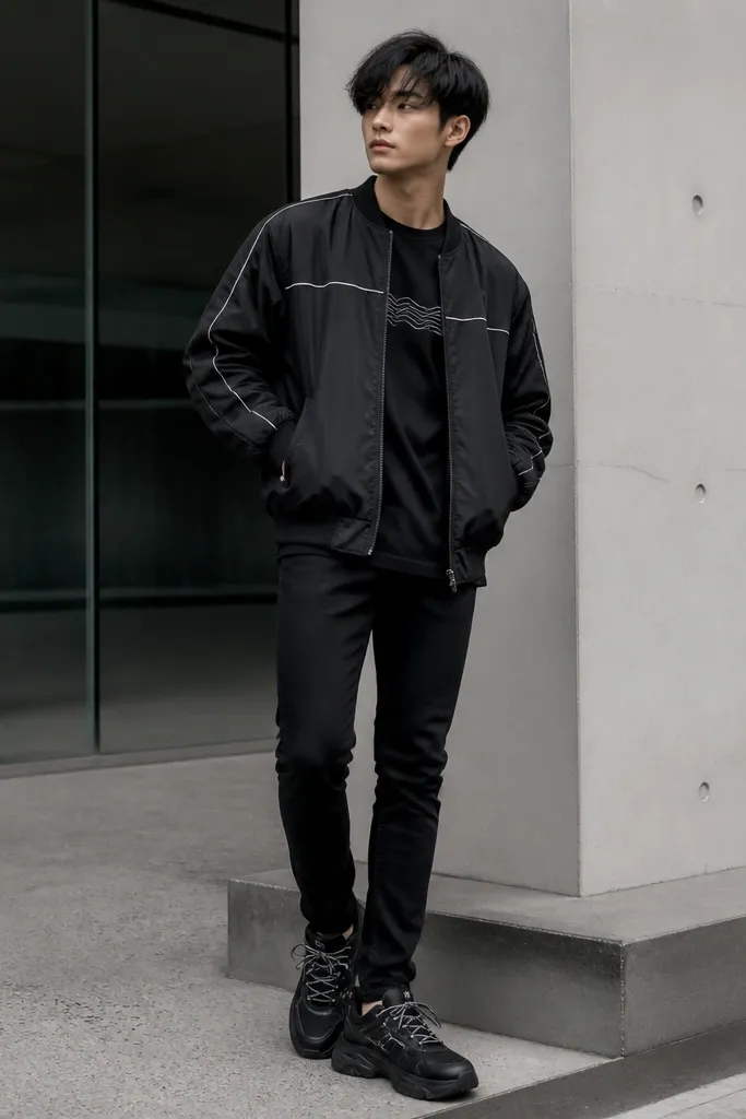 A person in a black bomber jacket with small reflective strips running along the sleeves and chest. They wear a black graphic tee with a minimal design, black skinny jeans, and black chunky sneakers with reflective laces.