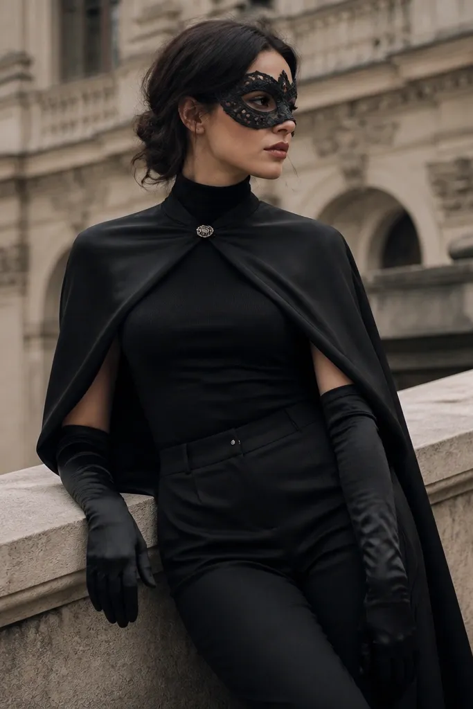 A person wearing a black fitted outfit with a black Venetian-style mask covering the upper face. They have black satin elbow-length gloves and a black capelet with a small clasp. The outfit includes a high-neck top and slim trousers.
