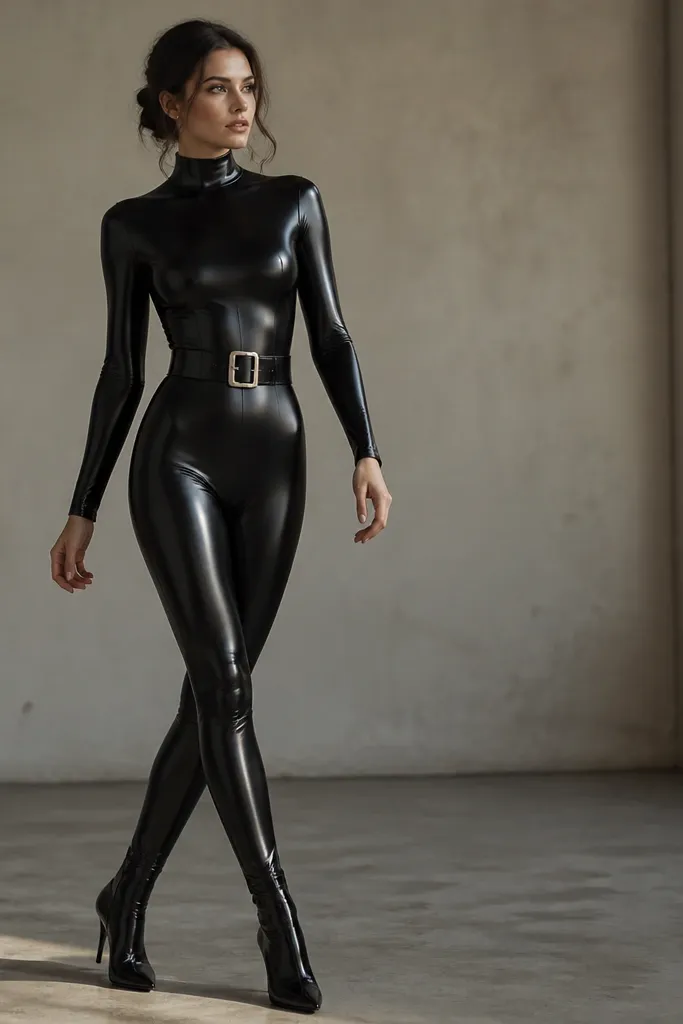 A person in a black glossy bodysuit with long sleeves and a high neckline. They wear a wide black stretch belt with a silver buckle. The pants portion is integrated into the bodysuit. Shoes are black heeled boots.