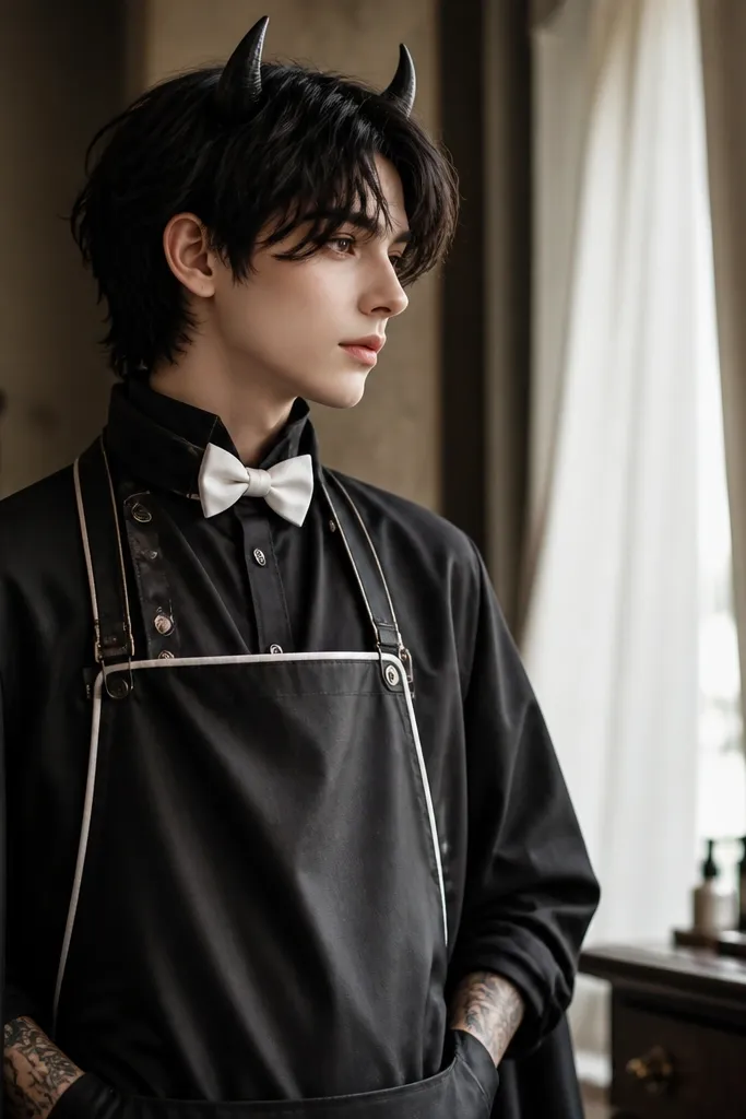 A person wearing a black barber-style coat with a high collar, a white bow tie, and a black shirt. They have a black apron with white trim. The hair is styled with a slight wave and a small horn headband.