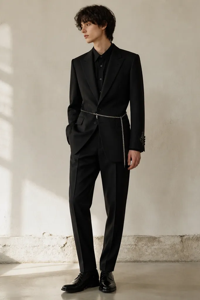 A person in a black tailored suit jacket with a slightly longer waist, a black shirt, and a thin silver chain belt. They wear black tapered trousers and shiny black dress shoes. One sleeve has a subtle cuff detail.