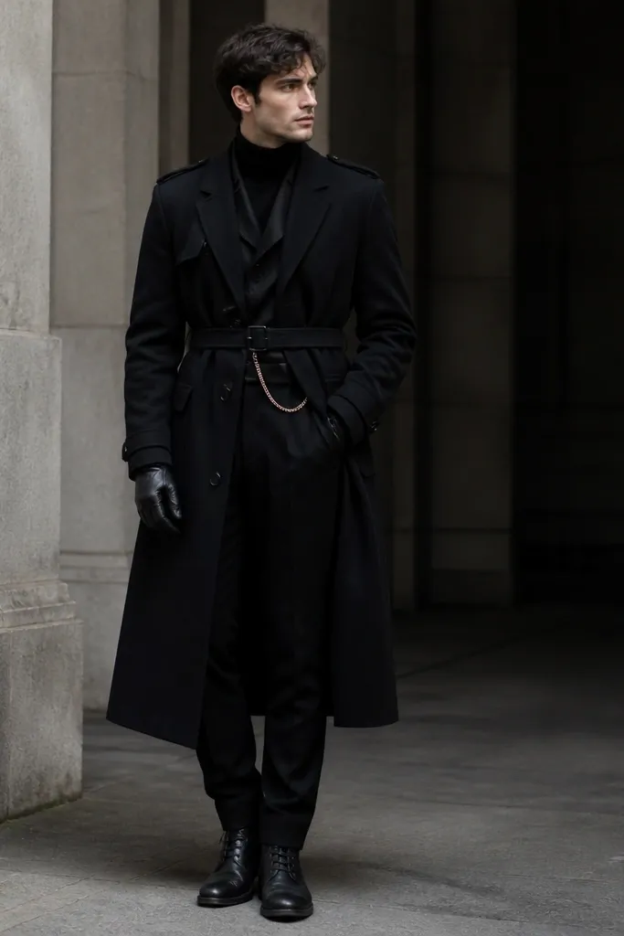 A person wearing a black trench coat with epaulets and a belt. They have black leather gloves, a black turtleneck, and black trousers. The shoes are black lace-up boots. A small pocket watch chain peeks from the coat.