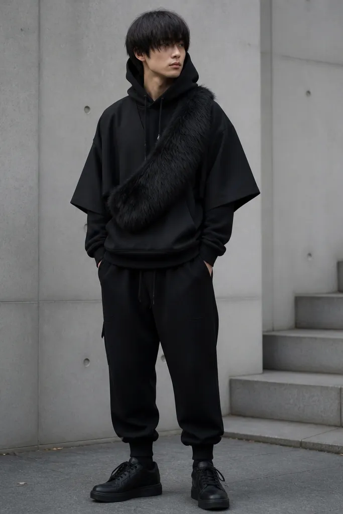 A person in a black oversized hoodie layered under a black short haori-style jacket. They wear a black faux fur sash across the chest and black joggers. Shoes are black sneakers with a matte finish.