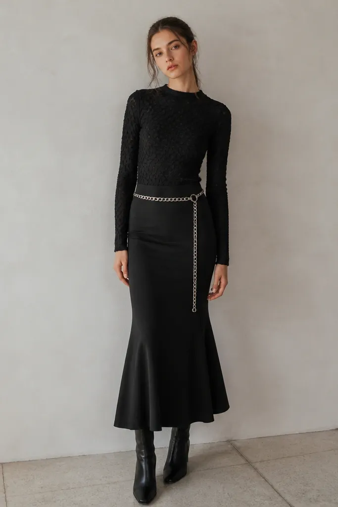 A person wearing a black top with subtle scale pattern (like a fish-scale knit) and a long black skirt that has a slight mermaid flare. They have a silver chain belt at the waist. Shoes are black ankle boots.