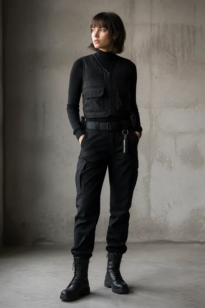 A person wearing a black ribbed mock-neck top under a black utility vest with small Velcro patches. They have a black utility belt with a few clipped items and black work boots.
