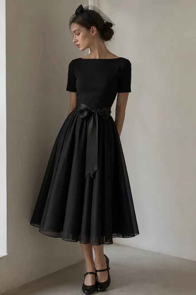 A person wearing an all-black outfit with a sheer black veil headband. The outfit has a fitted top and a flowing skirt that falls to mid-calf. They have a black bow at the waist and black Mary Jane shoes.