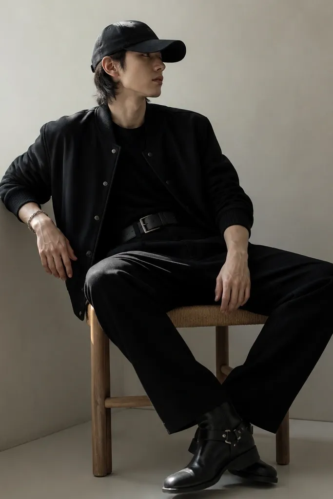 A person wearing a black baseball cap, a black varsity-style jacket with ribbed cuffs, and a black wide belt. They have black buckle boots and a small charm bracelet on one wrist.