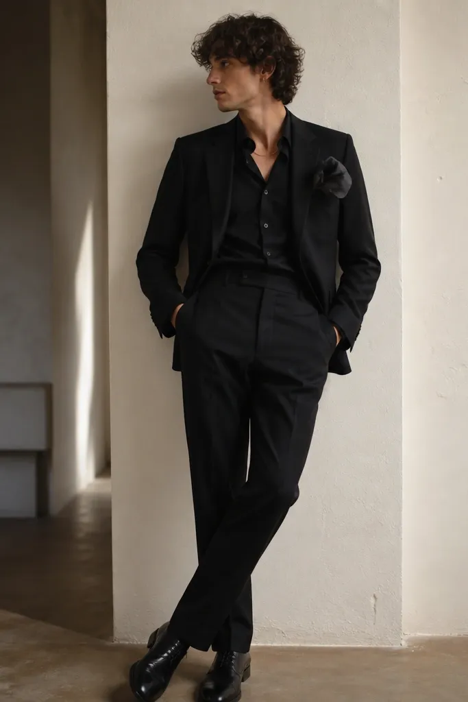 A person in a black tailored suit with a slightly oversized pocket square in matte black and a hint of gray. They wear a thin chain necklace and a black dress shirt. The shoes are black leather oxfords.