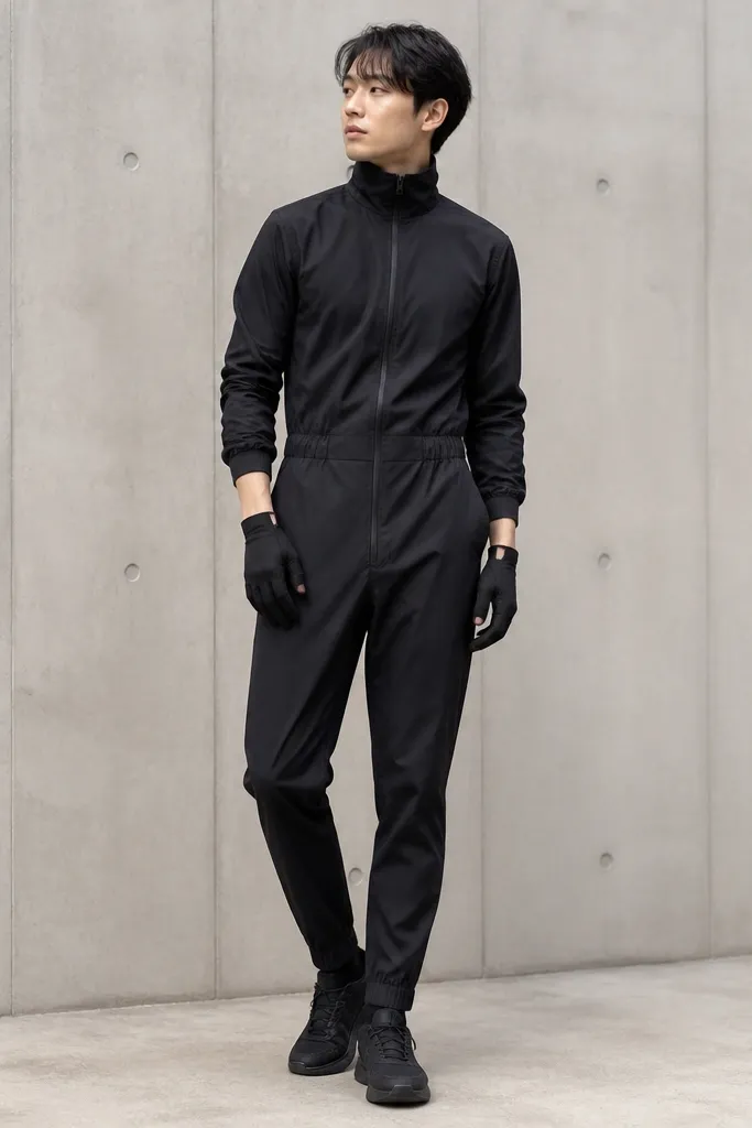 A person wearing a black high-collar jumpsuit with a front zipper and slightly tapered legs. They have black split-cuff gloves that show a bit of skin at the wrists. The shoes are black sleek sneakers.