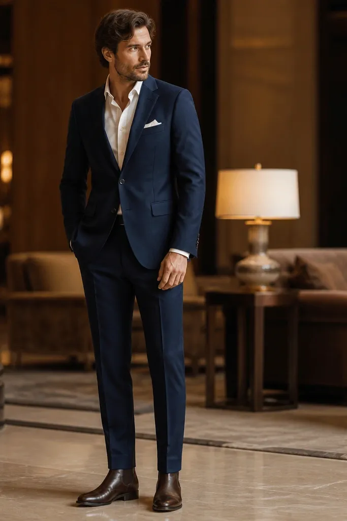 A man in a tailored navy wool suit with a crisp white pocket square. He wears dark brown Chelsea boots with a subtle shine. The trousers show a slight break and a clean cuff line above the boot top. Background looks like a hotel lobby with soft warm lighting.