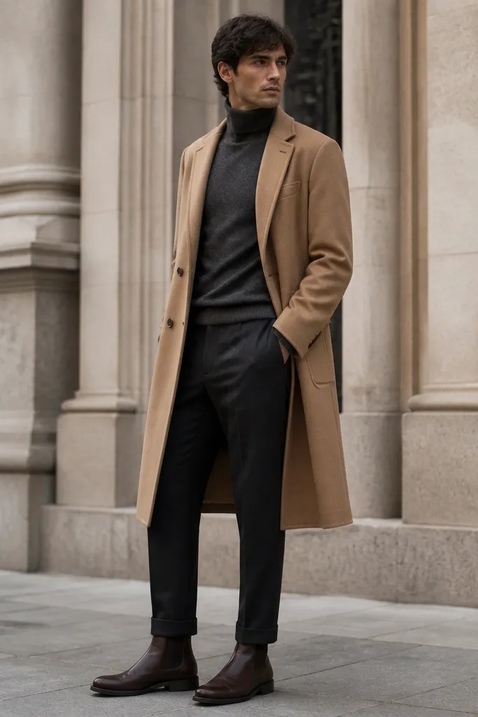 A stylish person wearing a camel overcoat over a charcoal turtleneck sweater. They have straight dark trousers and dark brown Chelsea boots. The camel coat falls to mid-calf and the boot openings show clearly.