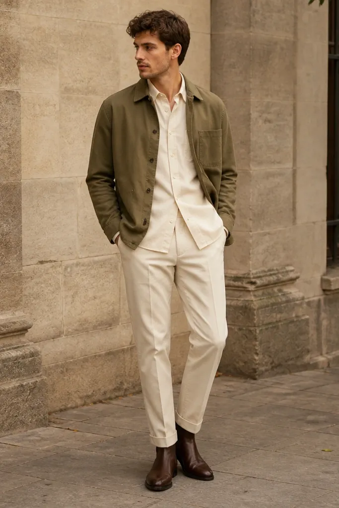 A person wearing an olive overshirt layered over a cream shirt, paired with cream chinos. Dark brown Chelsea boots are clearly visible, with a clean hem break. The scene is outdoors with soft daylight.