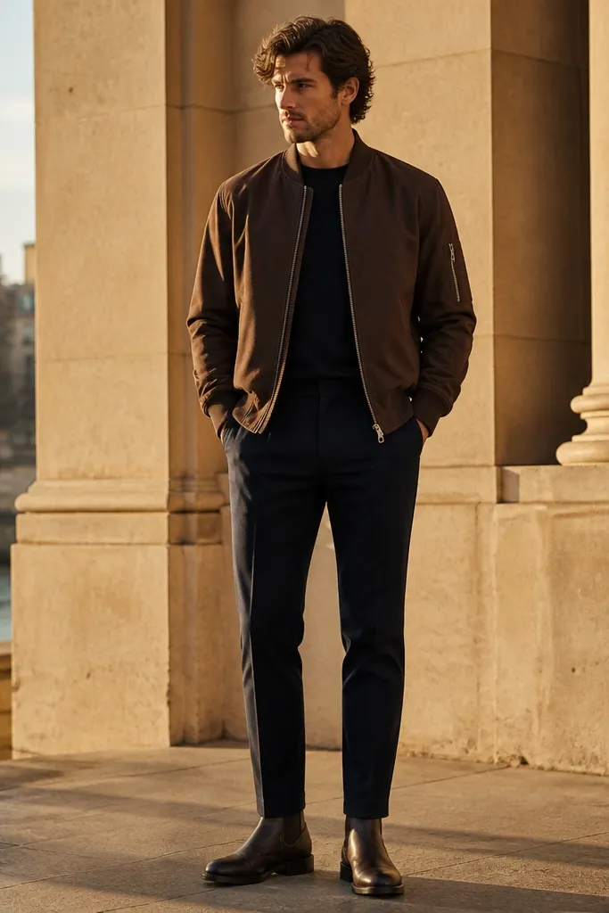 A bomber jacket in deep brown with visible texture, worn over a black crewneck. The trousers are navy and tapered, with dark brown Chelsea boots. The lighting is warm, like late afternoon.