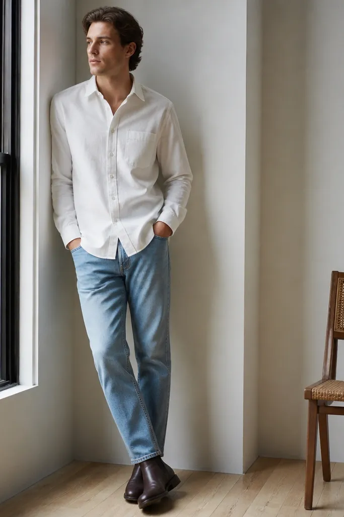 A person wearing a crisp white oxford shirt untucked over light blue denim jeans. Dark brown Chelsea boots are visible with a slight break at the ankle. The outfit looks casual but sharp, indoors near a window.