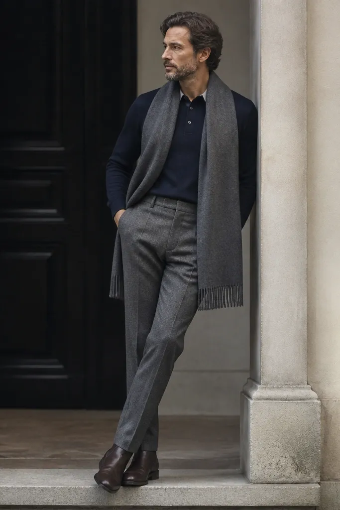 A person wearing gray flannel trousers with a navy knit polo. Dark brown Chelsea boots are paired with the trousers, and a long wool scarf in gray or deep navy drapes down the front.