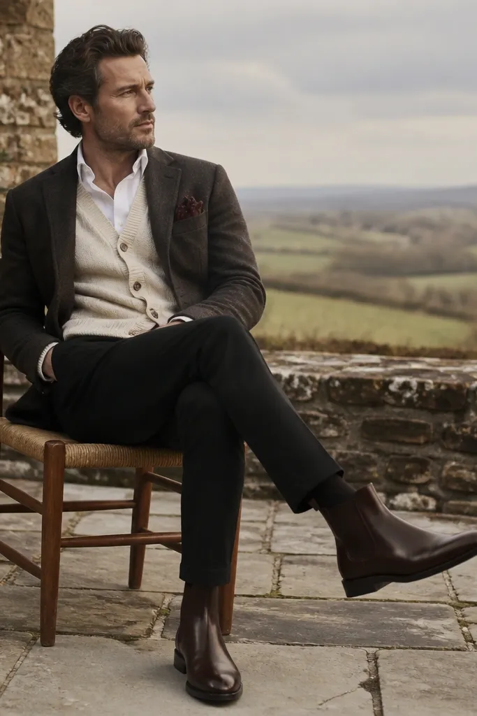 A cream cardigan worn over a shirt, with black trousers and dark brown Chelsea boots. A dark brown pocket square peeks from a jacket or blazer layer, and the boots are the clear focal point.