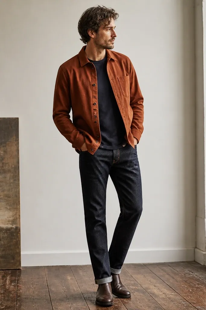 A rust-colored overshirt over a navy t-shirt, paired with dark-wash selvedge jeans. Dark brown Chelsea boots are worn with a clean hem break.
