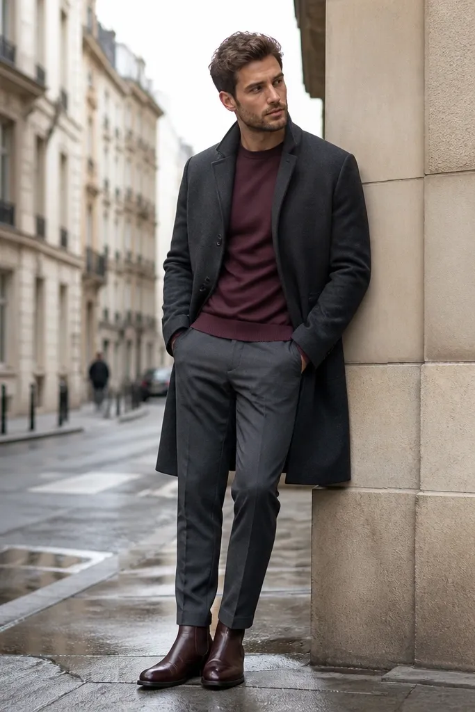 A charcoal overcoat over a burgundy t-shirt, with slim tapered trousers in dark gray. Dark brown Chelsea boots are visible with a slight break. The look is photographed in a city street setting.