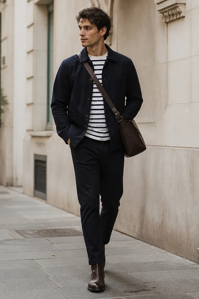 A navy chore jacket over a horizontally striped shirt. Dark brown Chelsea boots are worn with dark trousers. A dark brown leather satchel hangs across the body, and the outfit looks like a weekend city run.