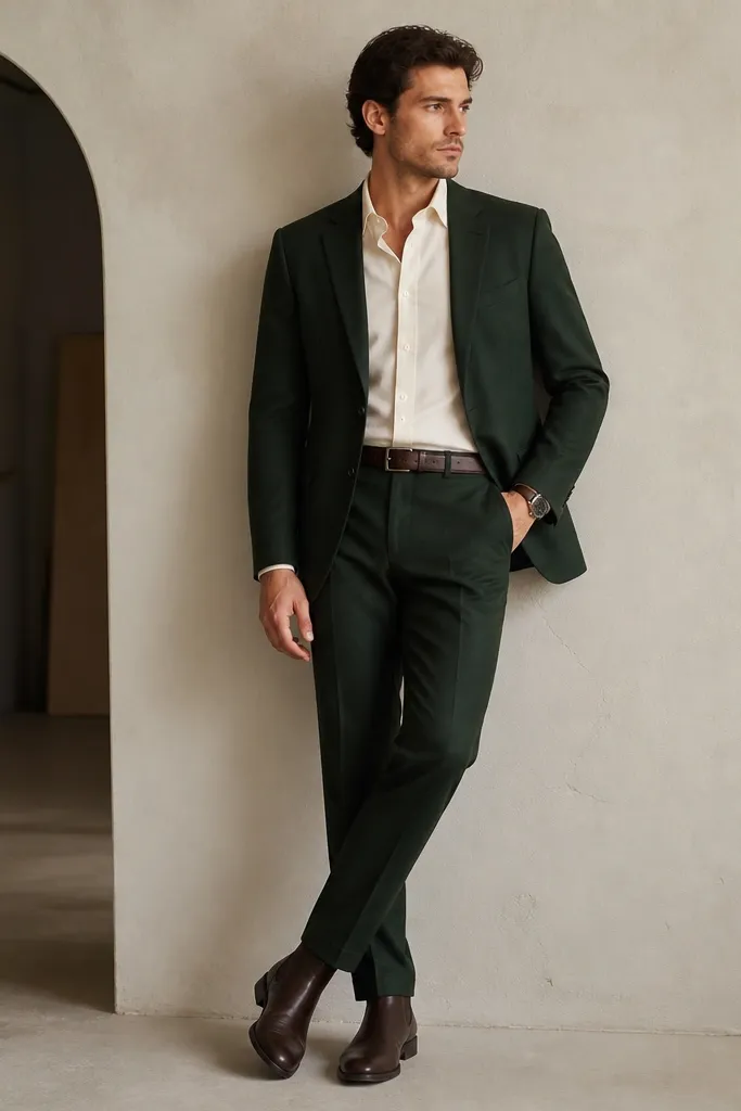 A deep green suit with a cream dress shirt. Dark brown Chelsea boots are worn with trousers that break slightly at the ankle. A minimal leather watch strap and belt in dark brown match the boots.