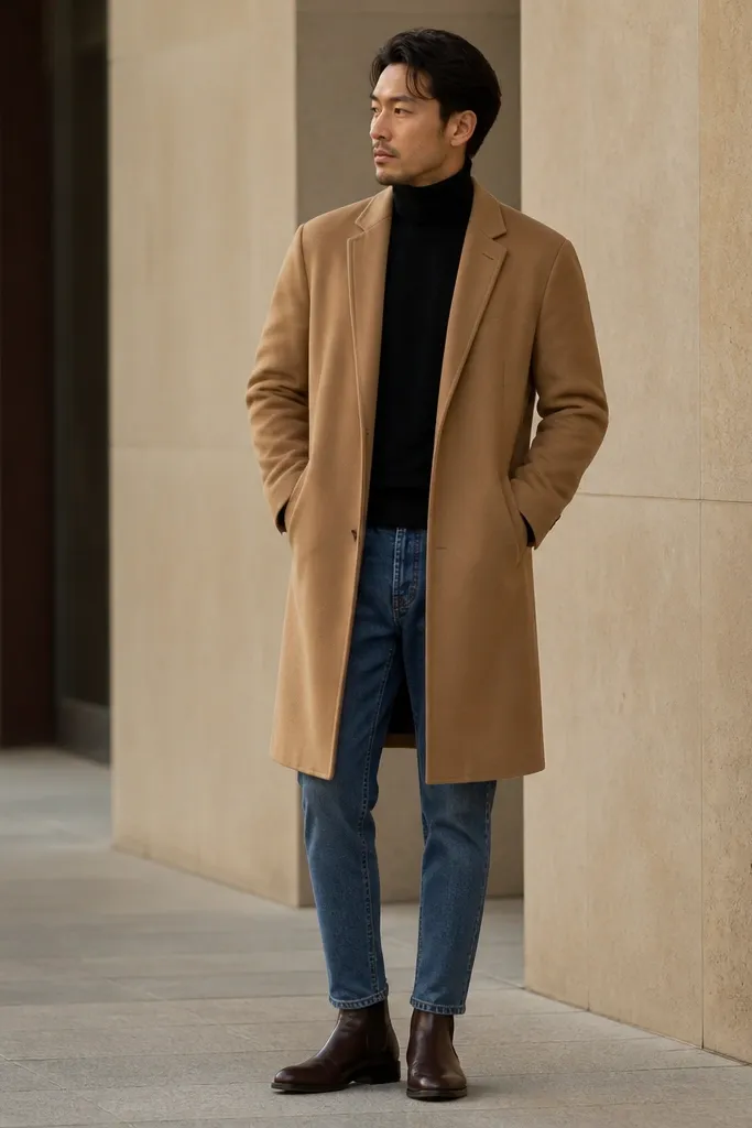 A person wearing a black turtleneck under a camel overcoat. Straight jeans are cropped slightly above the boot top. Dark brown Chelsea boots are visible, giving a clean ankle line.