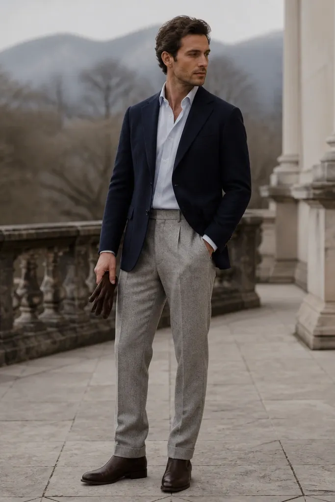 A navy blazer over a light shirt, paired with light gray wool trousers. Dark brown Chelsea boots are worn with a slight break. Brown leather gloves are visible in the hand or tucked in the coat pocket.