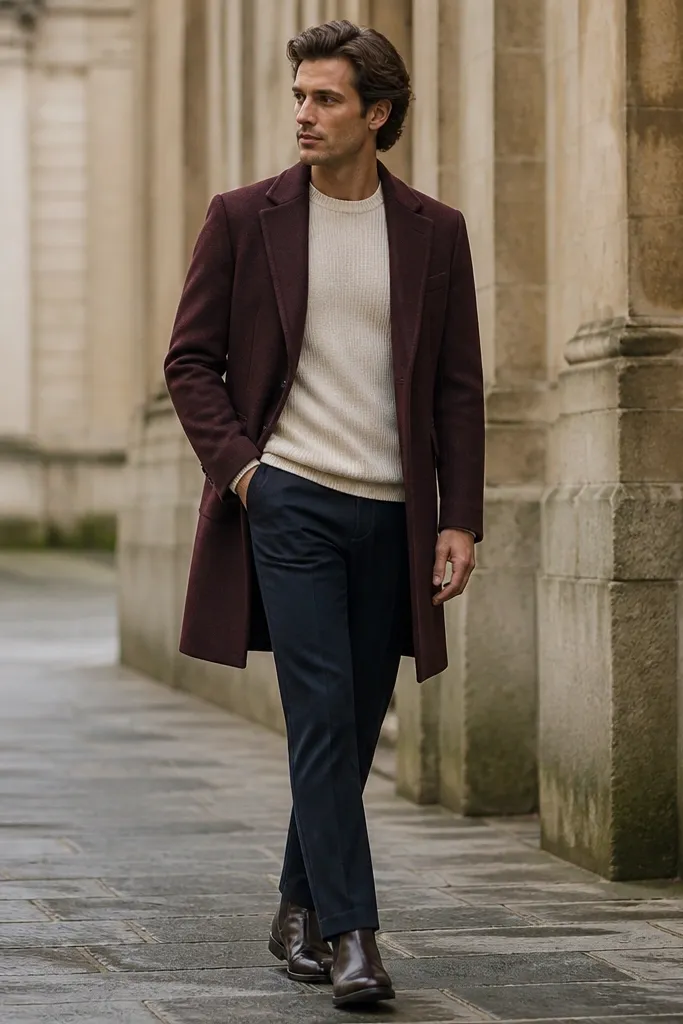 A burgundy overcoat worn over a white knit crew. Navy chinos are fitted through the leg with a clean hem break. Dark brown Chelsea boots are visible and polished.