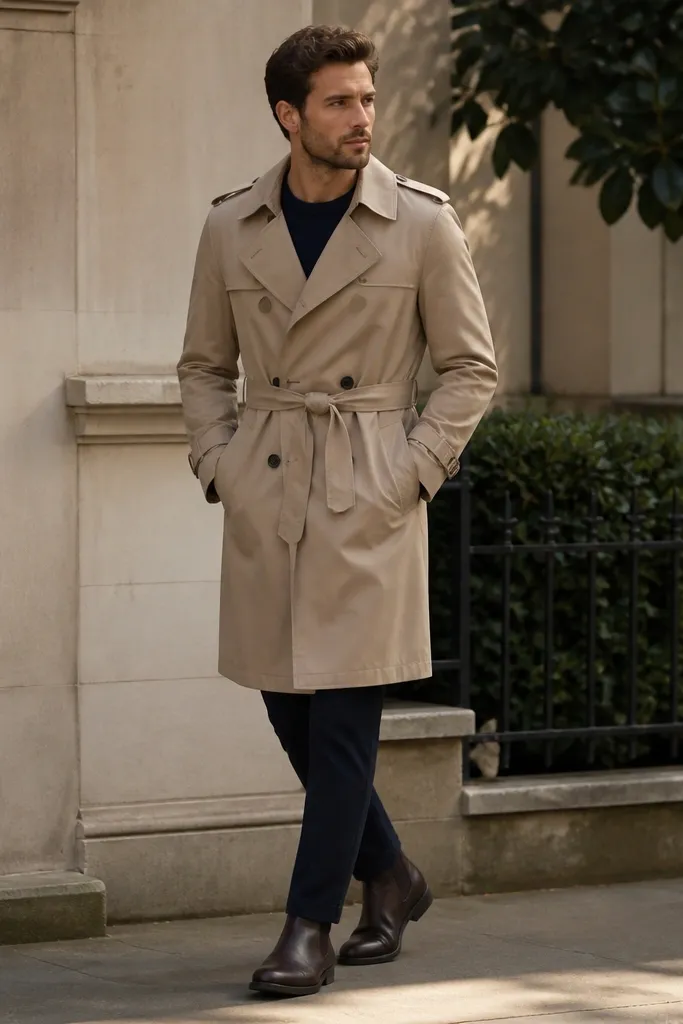 A tan trench coat worn over a navy sweater. Dark trousers show a clean break over dark brown Chelsea boots. The trench belt is tied, and the overall look is outdoors in daylight.
