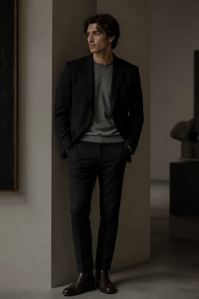 A black blazer over a simple gray t-shirt, paired with dark trousers. Dark brown Chelsea boots are worn with a slight break. The scene feels like a gallery setting with moody lighting.