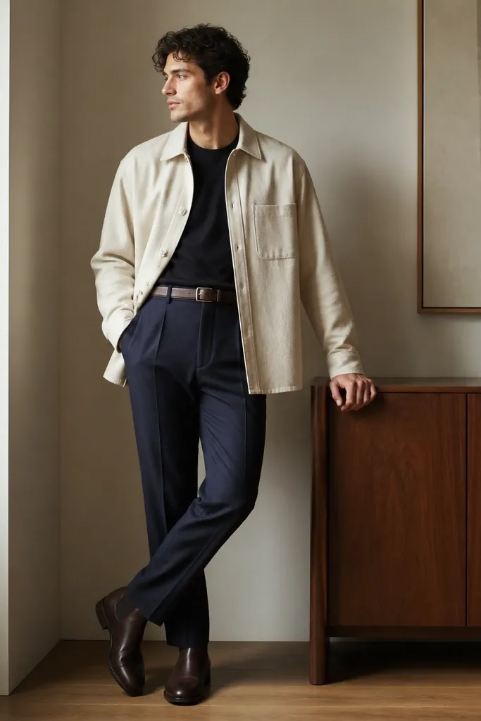 A cream over shirt layered over a dark top, paired with navy trousers. Dark brown Chelsea boots are visible with a slight break. A dark brown belt is clearly matching the boots.