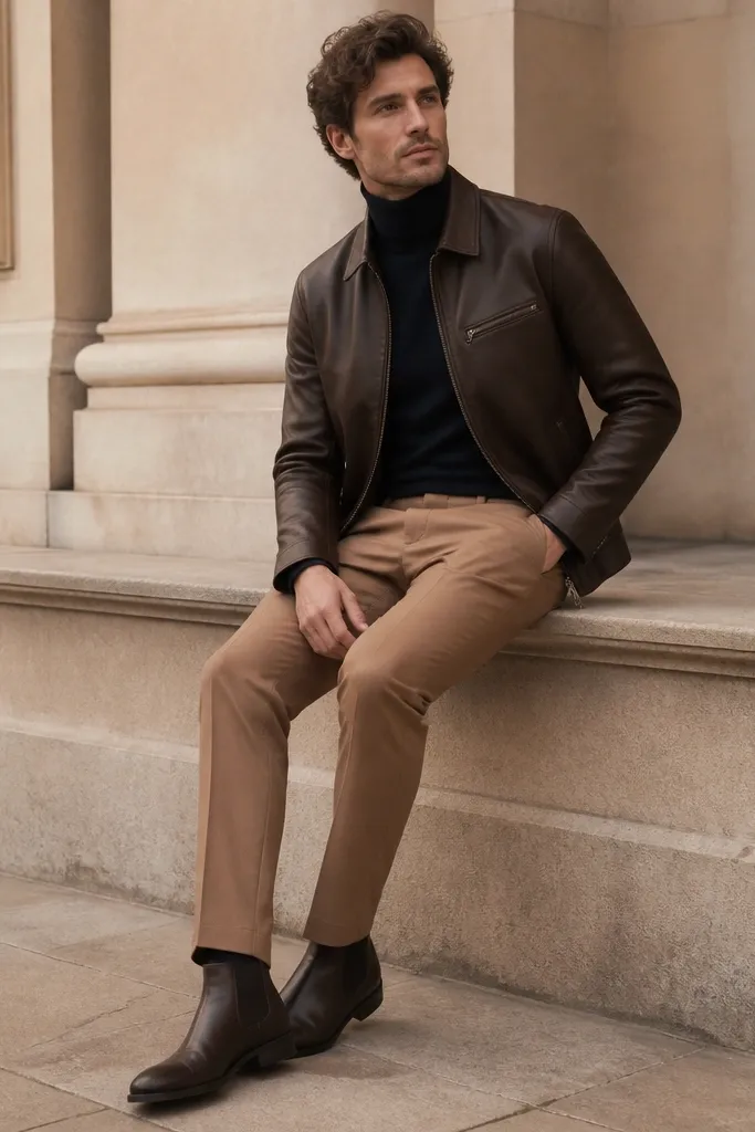 A navy turtleneck under a dark brown leather jacket. Camel trousers are worn with dark brown Chelsea boots. The leather jacket has a matte finish and clean zippers.