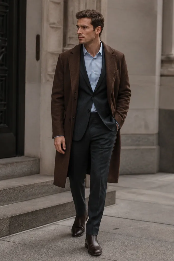 A person wearing charcoal suit trousers with a tailored jacket in charcoal (separates) and a light blue dress shirt. A brown overcoat is worn over the top. Dark brown Chelsea boots show a clean boot break.