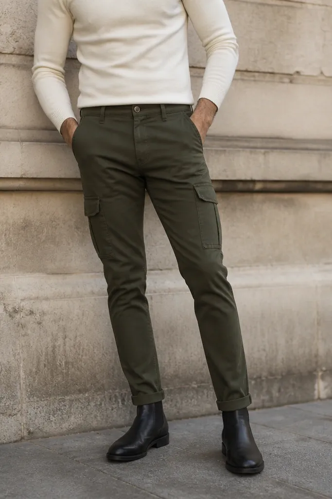 A man wearing dark green cargo pants with a fitted cream turtleneck and black Chelsea boots. The pants taper to the ankle and the cargo pockets sit flat. Background is a neutral street wall, shot at waist-to-shoe height.