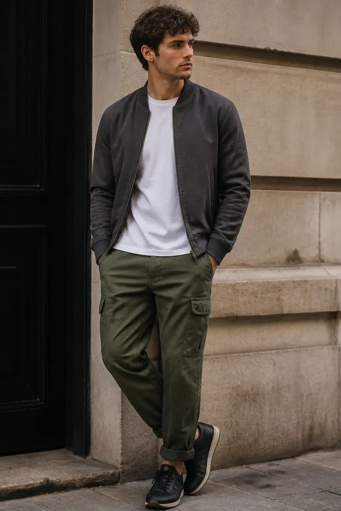 A styled outfit showing dark green cargo pants paired with a charcoal bomber jacket and a plain white crew-neck T-shirt. The bomber has ribbed cuffs and a clean zip. Shoes are dark sneakers, with the pants cuffed neatly at the ankle.