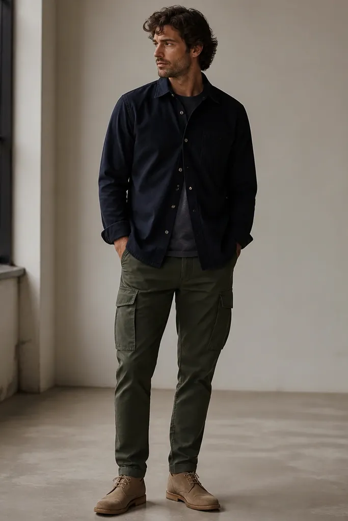 Dark green cargo pants styled with a navy overshirt in brushed cotton, paired with tan suede desert boots. The overshirt is buttoned halfway, showing a bit of the shirt underneath. The photo shows the full leg taper and the suede texture clearly.