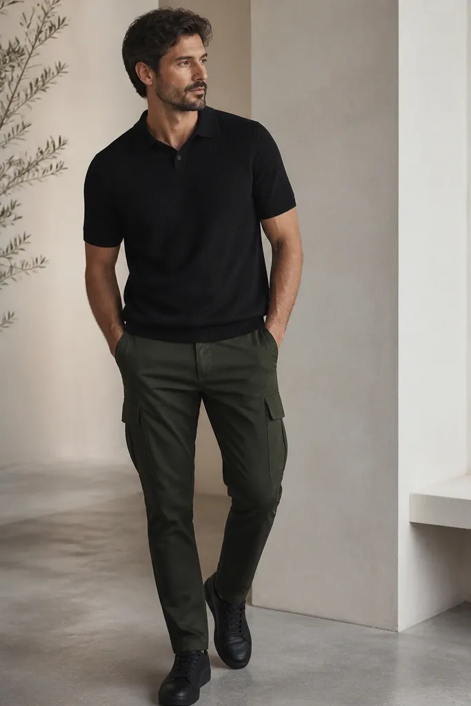A man wearing dark green cargo pants with a black knit polo shirt. The polo collar is structured and the fabric looks thick and matte. Black sneakers are worn, and the pants have a smooth, tapered silhouette.
