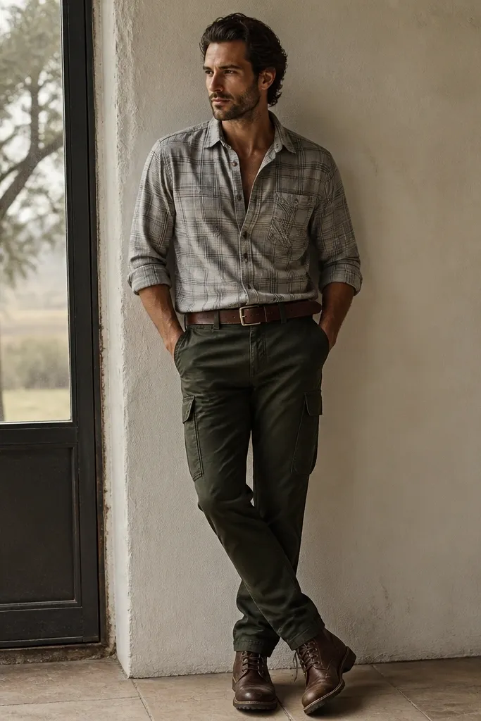 Dark green cargo pants paired with a light grey flannel button-down. Sleeves are rolled to mid-forearm, and the shirt is slightly open at the top. Brown leather belt and boots are visible.