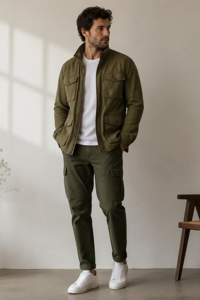 A tonal outfit: dark green cargo pants with an olive utility jacket and a white crew tee underneath. The jacket has multiple pockets and a structured waist. The pants taper and the footwear is clean white leather sneakers.