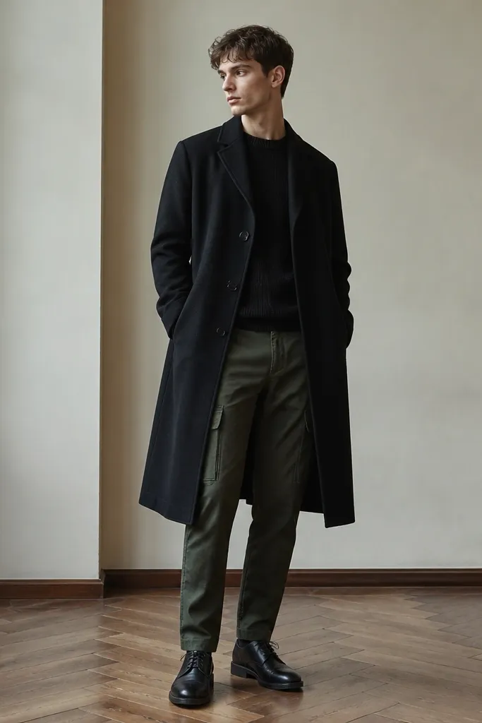 Dark green cargo pants under a long black overcoat. The coat hangs straight and the pants show a clean taper. Shoes are black leather derbies. The shot is full-body, showing the hem line and proportions.