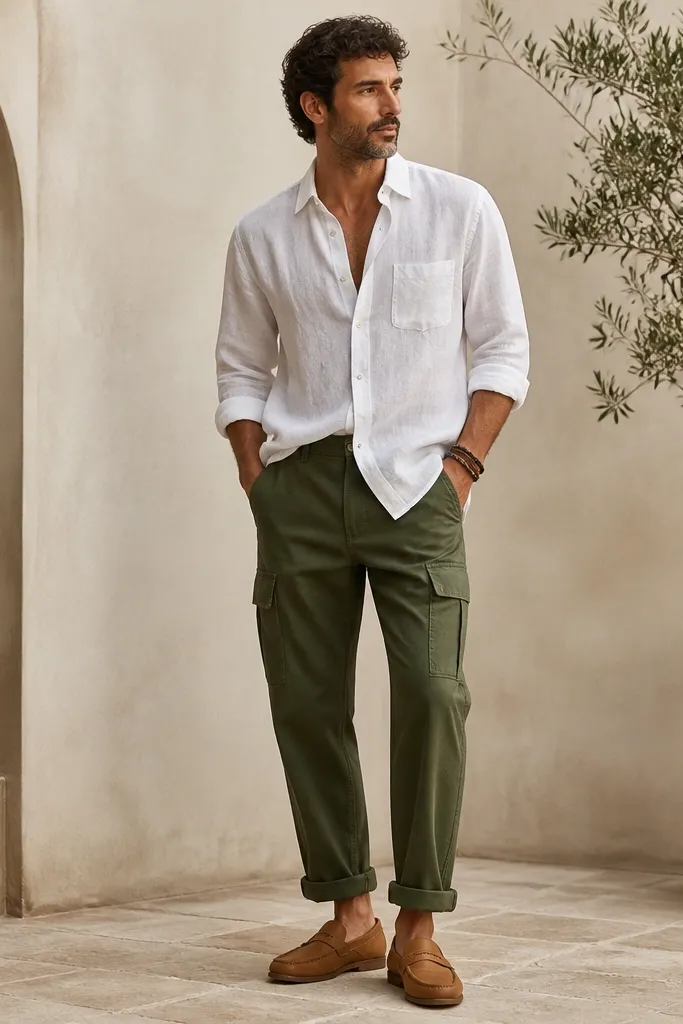 Dark green cargo pants styled with a white linen button-down. Cuffs are rolled and the shirt is half-tucked. The footwear is light tan leather sandals or simple loafers, shown clearly.