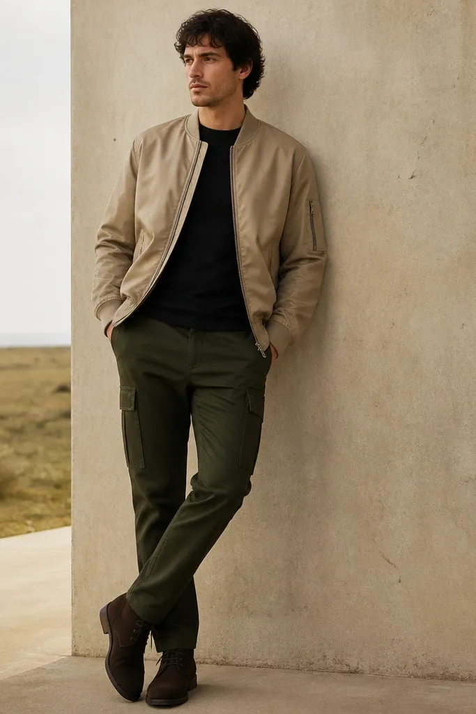 Dark green cargo pants with a sand-colored bomber jacket and a black crew tee. The bomber has a matte finish and elastic cuffs. Shoes are dark suede chukkas, with a relaxed taper in the pants.